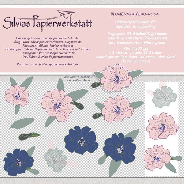 BLUMENMIX Blau-Rosa - Digistamps/Sticker für digitales Scrapbooking BLUMENMIX Blau-Rosa - Digistamps/Sticker für digitales Scrapbooking