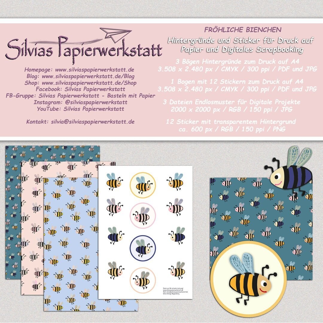 FRÖHLICHE BIENCHEN - Hintergründe und Sticker / Ausdruck und Digitales Scrapbooking