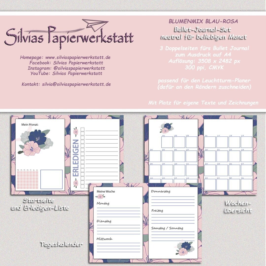 BLUMENMIX Blau-Rosa - Bullet Journal Seiten zum Ausdruck auf A4