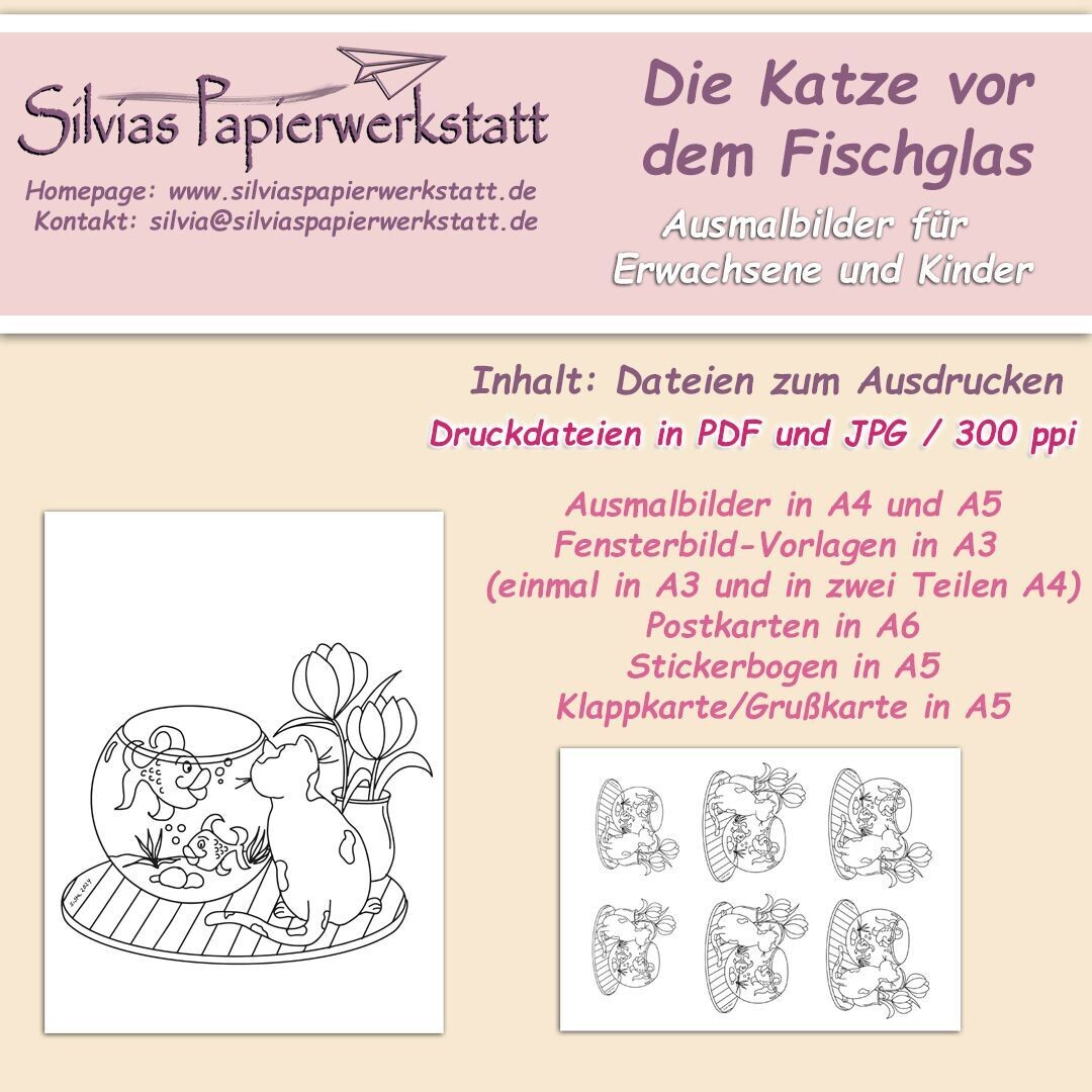 Set zum Colorieren: Die Katze vor dem Fischglas