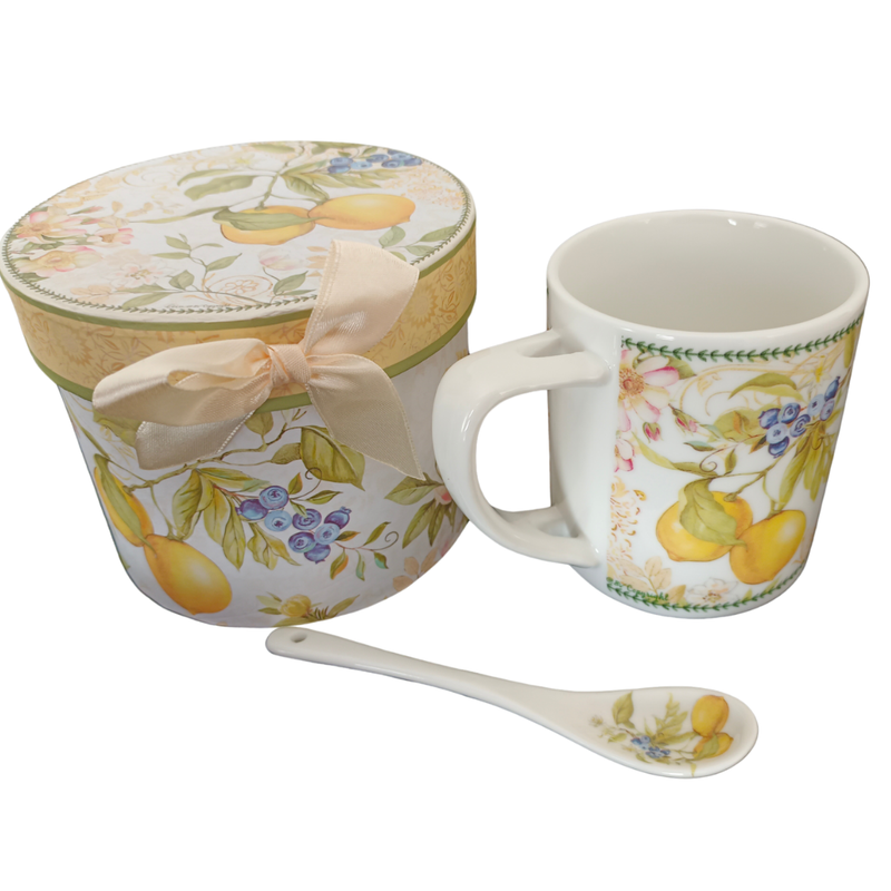 LEMON CERAMIC MUG &amp; SPOON IN GIFTBOX