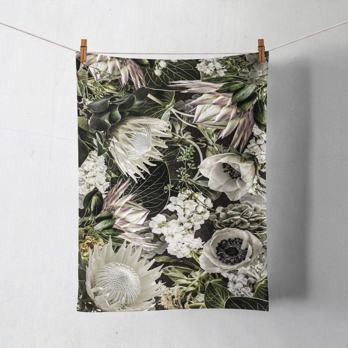 GREEN LUSH PROTEA BROODLAPPIE/FOOD TOWEL MOCK LINEN (700 x 500mm)