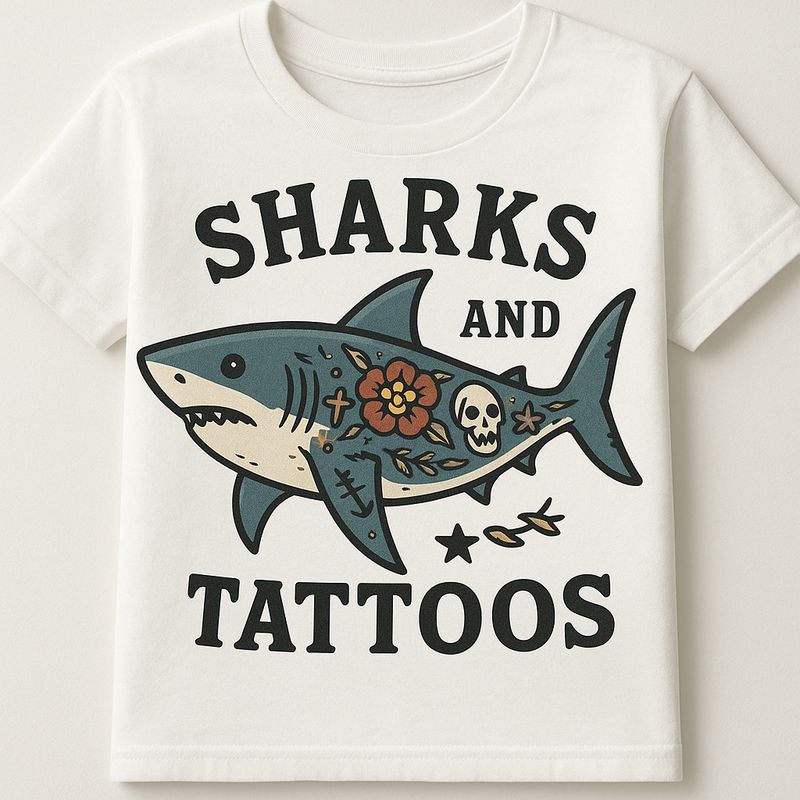 Women&#39;s Razor Back Tank Top with a image of a Shark With Tattoo and words “Sharks &amp; Tattoos”