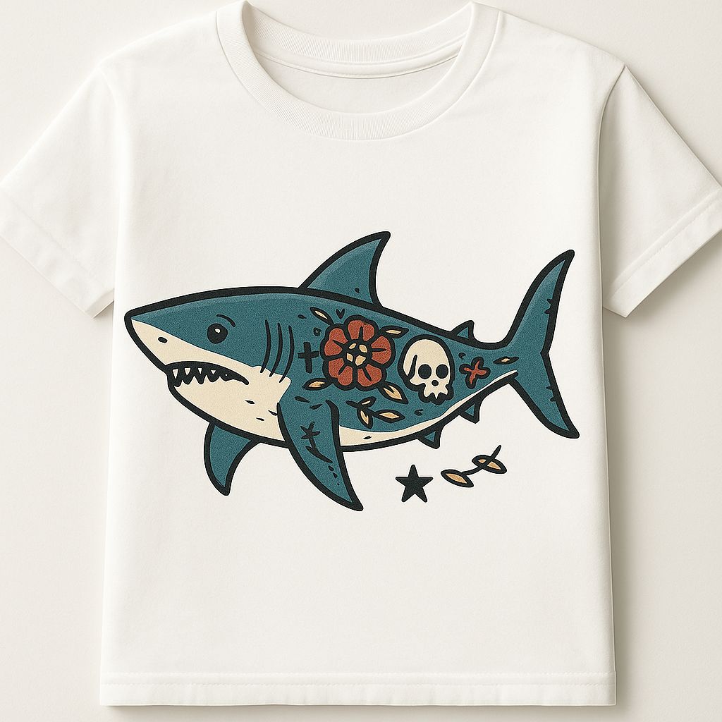 Women’s Razor Back Tank with a image of a Shark w/Tattoo