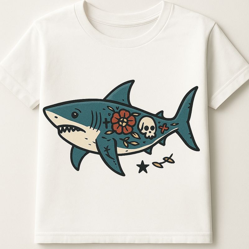 Women’s Razor Back Tank with a image of a Shark w/Tattoo