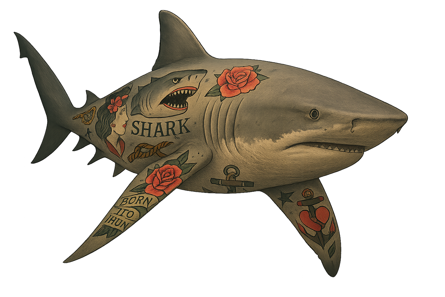 Women’s Razor Back Tank Top with image of a Bullshark Fully Tattooed