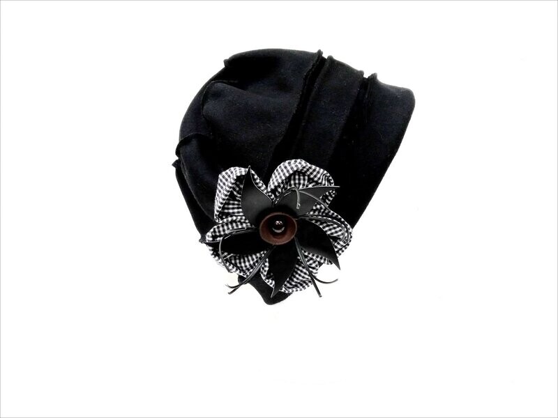 Hat Low Profile Black w/Black & White Brooch