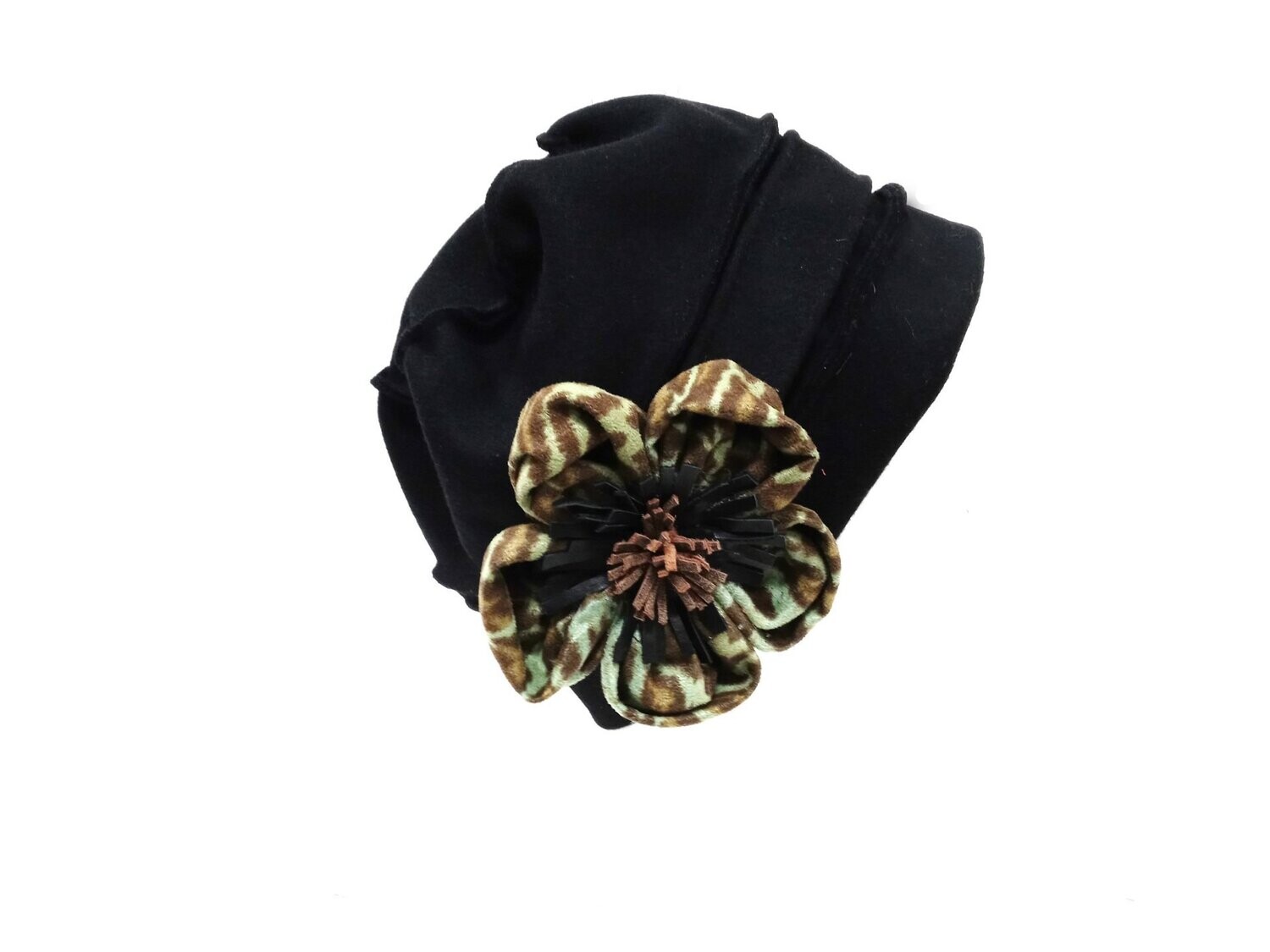 Hat Low Profile Black w/Green Leopard Brooch