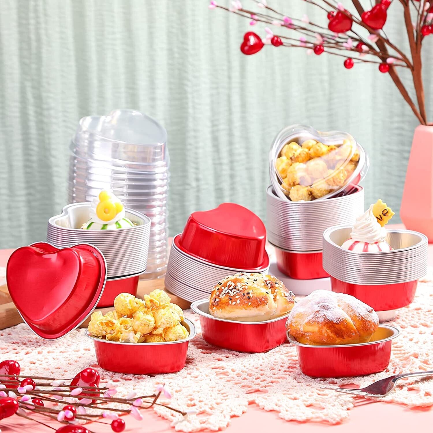 3.5oz Red Heart Shaped Foil Ramekins with Lids