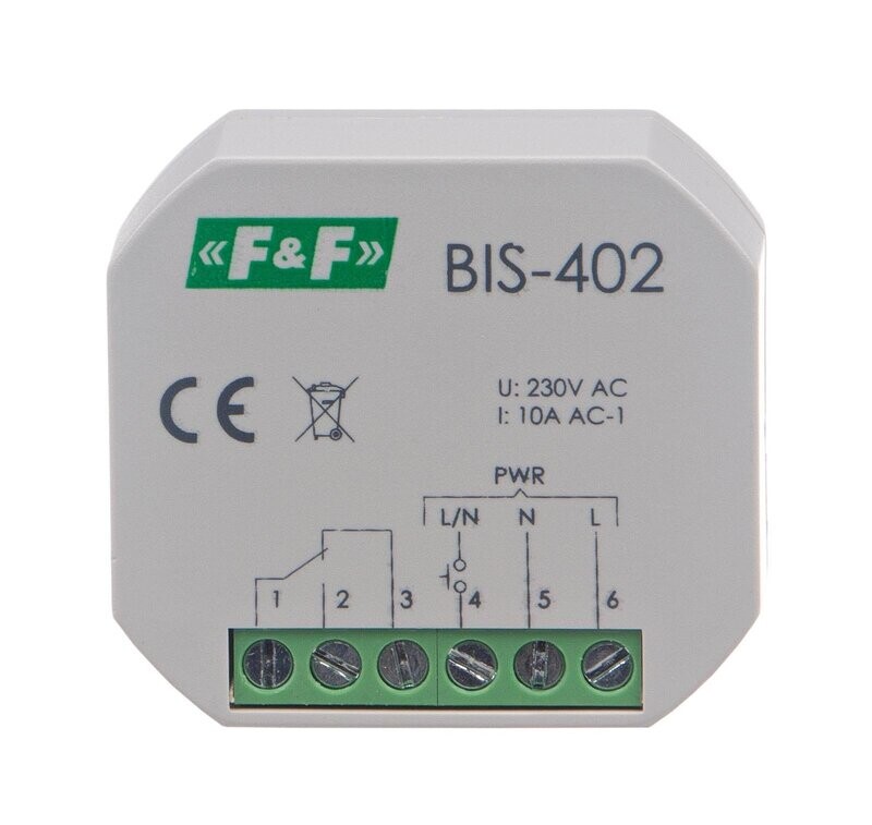BIS-402 Bistabiles Relais 230V AC 10A 1 × NO/NC Funktion ON/OFF BIS-402 Bistabiles Relais 230V AC 10A 1 × NO/NC Funktion ON/OFF