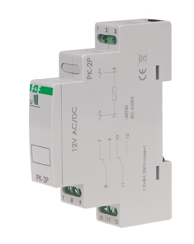 PK-2P Elektromagnetisches Relais 12V AC / DC 2x 8A 2x NO/NC IP20 PK-2P Elektromagnetisches Relais 12V AC / DC 2x 8A 2x NO/NC IP20