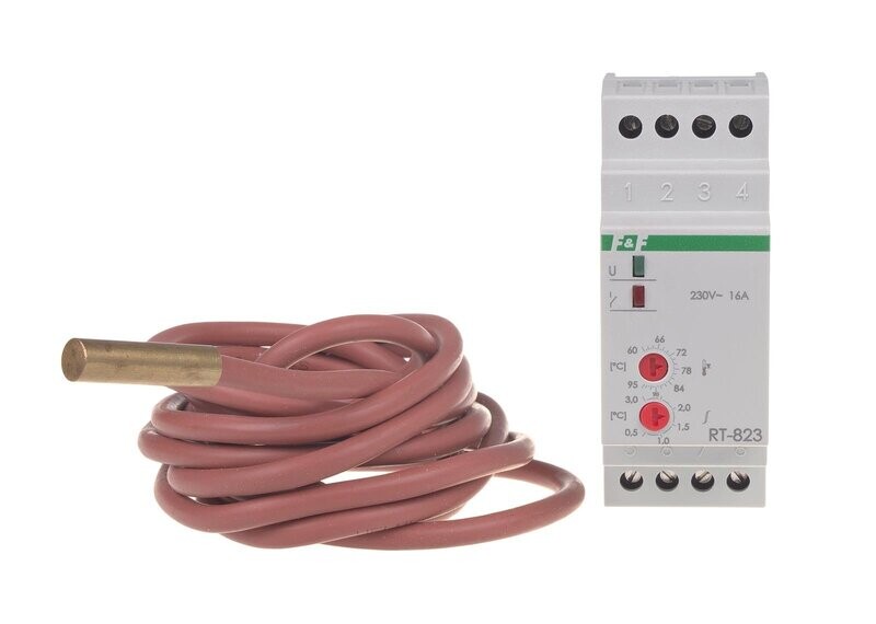 RT-823 Temperatur Regler 60°C bis 95°C 230V AC 16A 1x NO/NC RT-823 Temperatur Regler 60°C bis 95°C 230V AC 16A 1x NO/NC