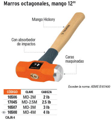 Marro octagonal 3 lb, mango de madera 12, Truper COD 16507