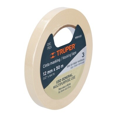 Cinta masking tape de 1/2 x 50 m, Truper COD 12589