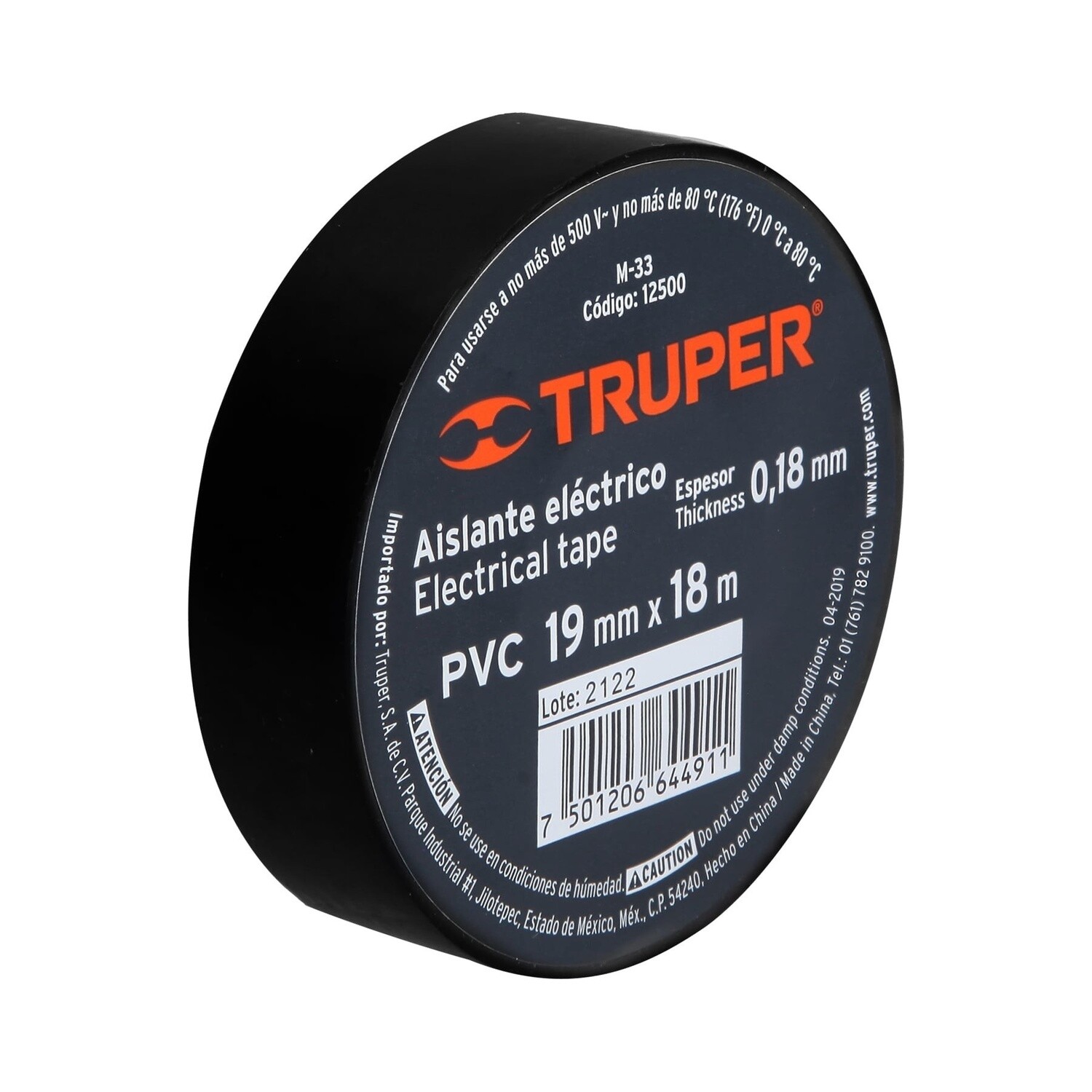 Cinta de aislar de 18 m x 19 mm, negra, Truper COD 12500