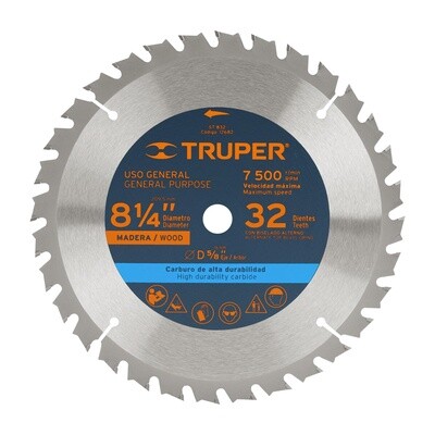 DISCO SIERRA P/MADERA 8-1/4", 32 DIENTES, CENTRO 5/8" COD 12682  TRUPER ST-832