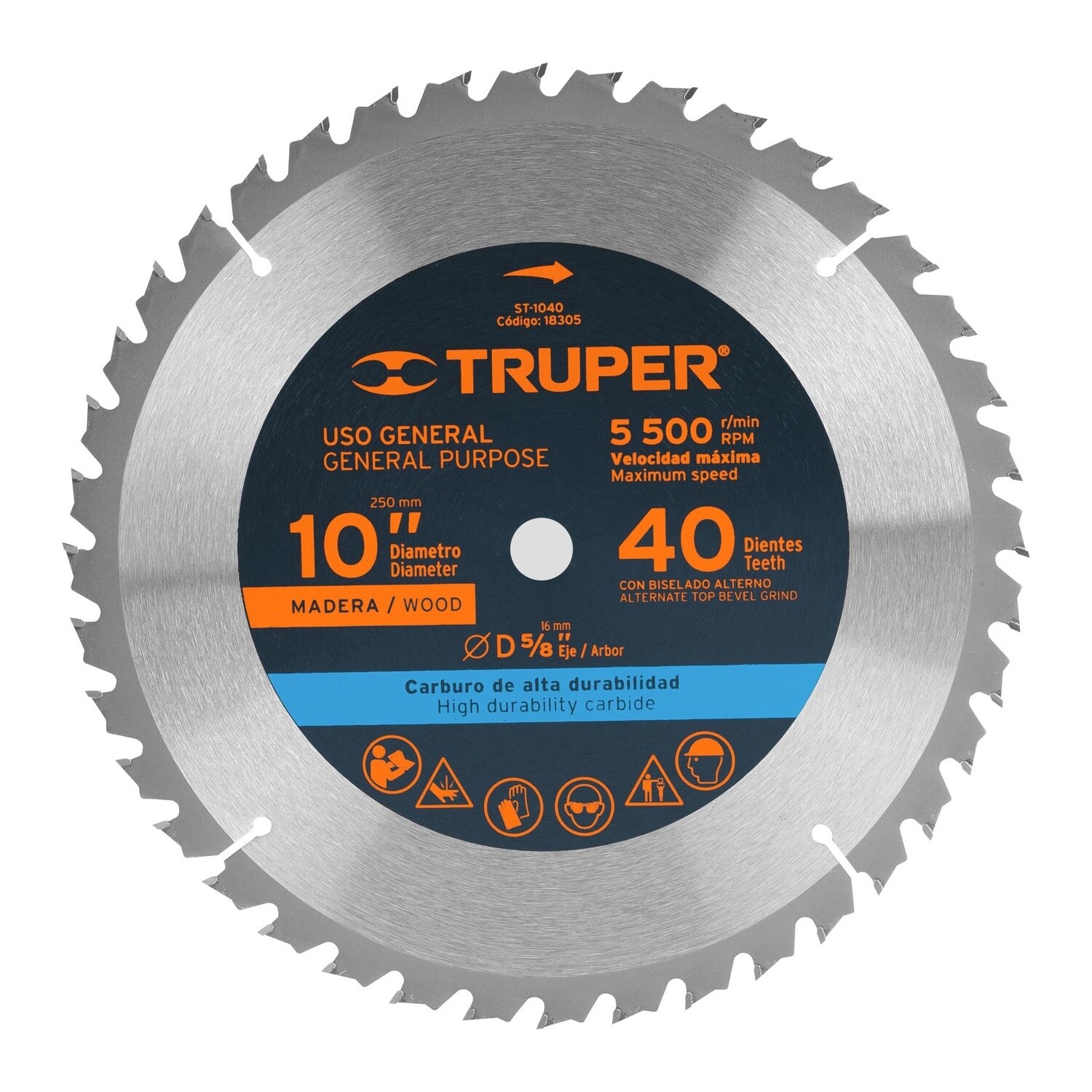 DISCO SIERRA P/MADERA 10",  40 DIENTES, CENTRO 5/8" COD 18305 TRUPER ST-1040