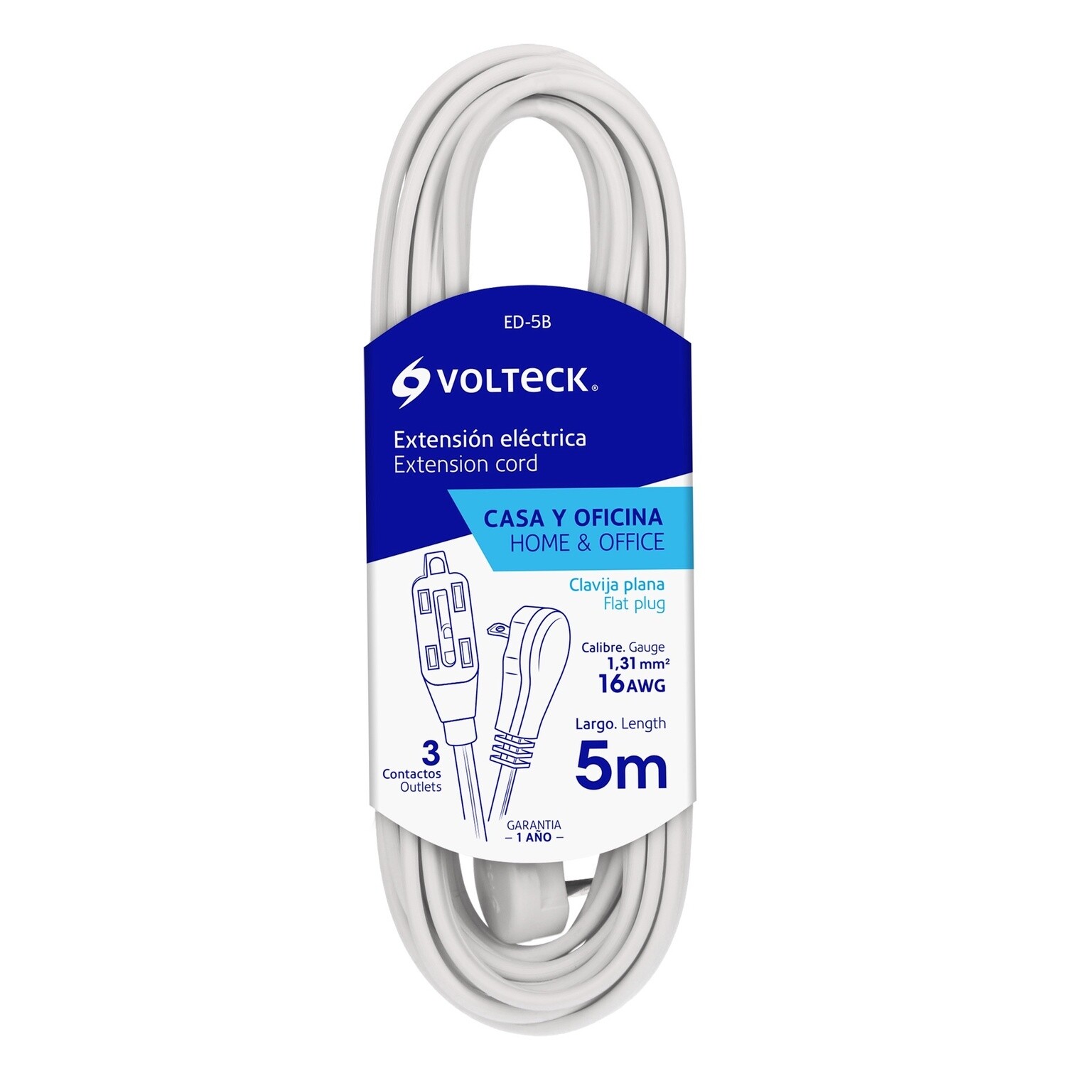 Extension electrica domestica 5 m clavija plana, blanca COD 48018