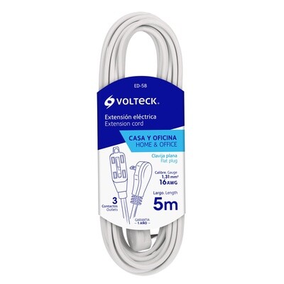 Extension electrica domestica 5 m clavija plana, blanca COD 48018