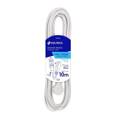 Extension electrica domestica 10 m clavija plana, blanca COD 48036