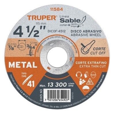 Disco Tipo 41 de 4-1/2 x 1.2 mm corte fino de metal, Sable Truper COD 11584