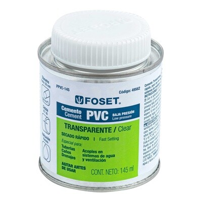 Cemento para PVC, transparente, baja presion, lata 145ml, Foset COD 49562