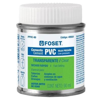 Cemento para PVC, transparente, baja presion, lata 90ml, Foset COD 49561