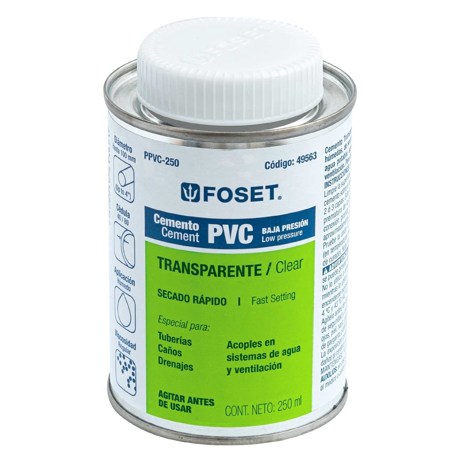 Cemento para PVC, transparente, baja presion, lata 250ml, Foset COD 49563