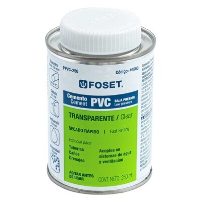 Cemento para PVC, transparente, baja presion, lata 250ml, Foset COD 49563