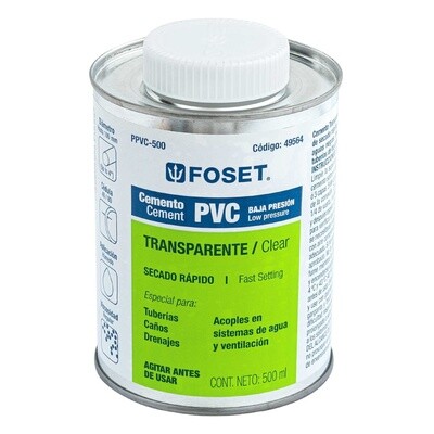 Cemento para PVC, transparente, baja presion, lata 500ml, Foset COD 49564