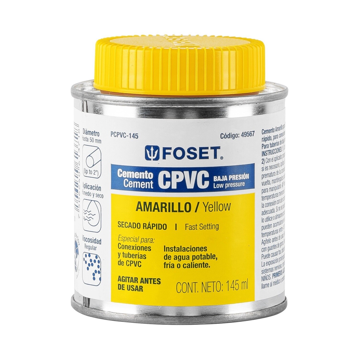 Cemento amarillo para CPVC en bote de 145 ml,baja presion, Foset COD 49567