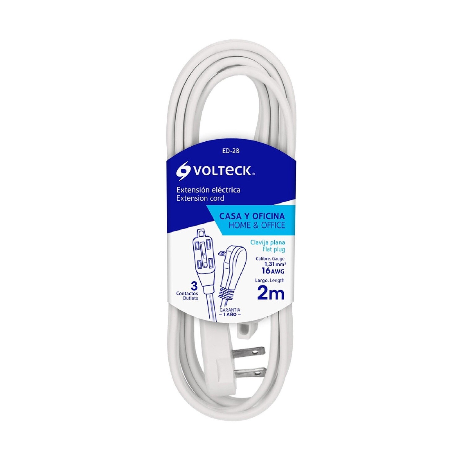 Extension electrica domestica 2 m clavija plana, blanca COD 48000