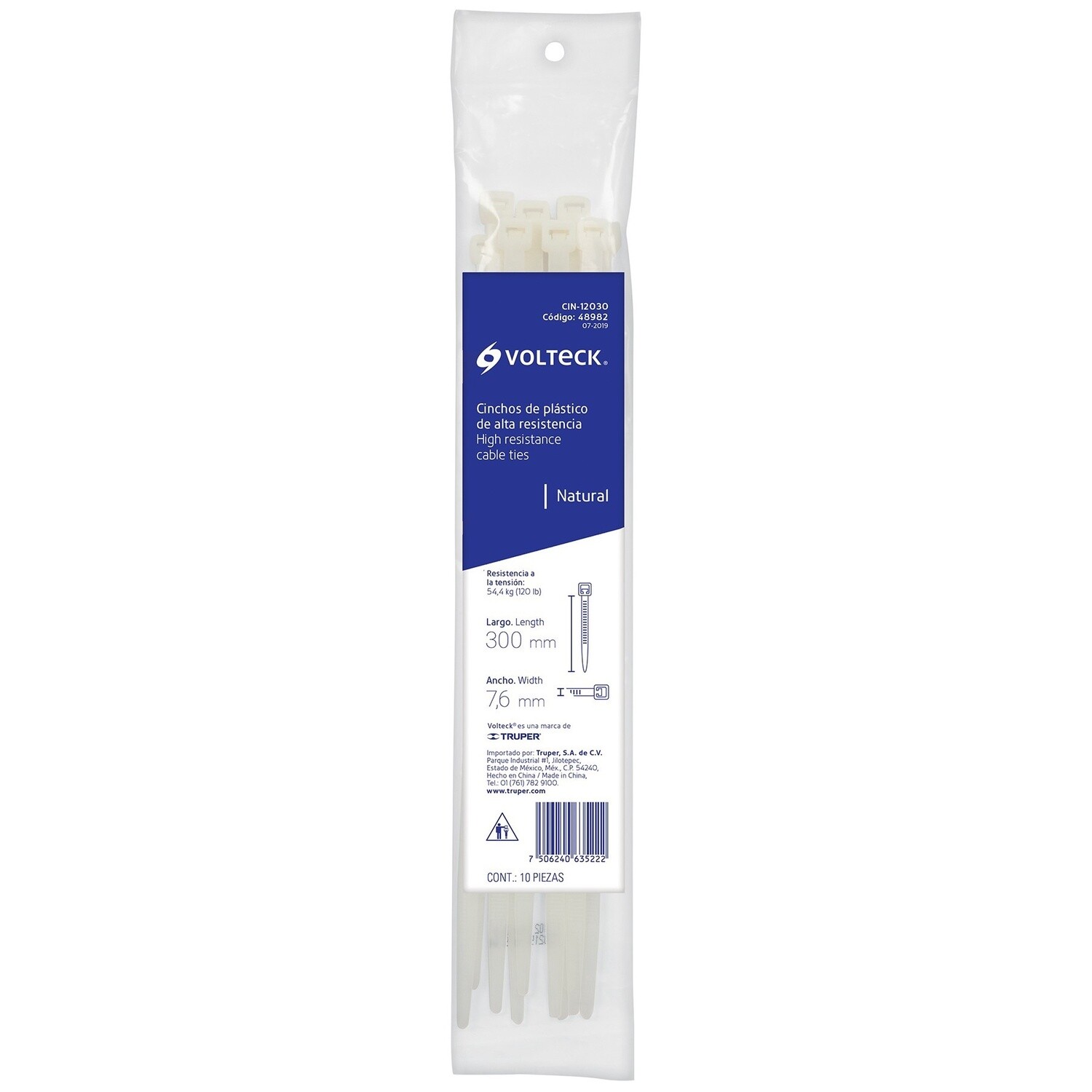 Cinchos plasticos 120 lb, 300x7.6 mm, naturales (POR PIEZA) B10PZ COD 48982