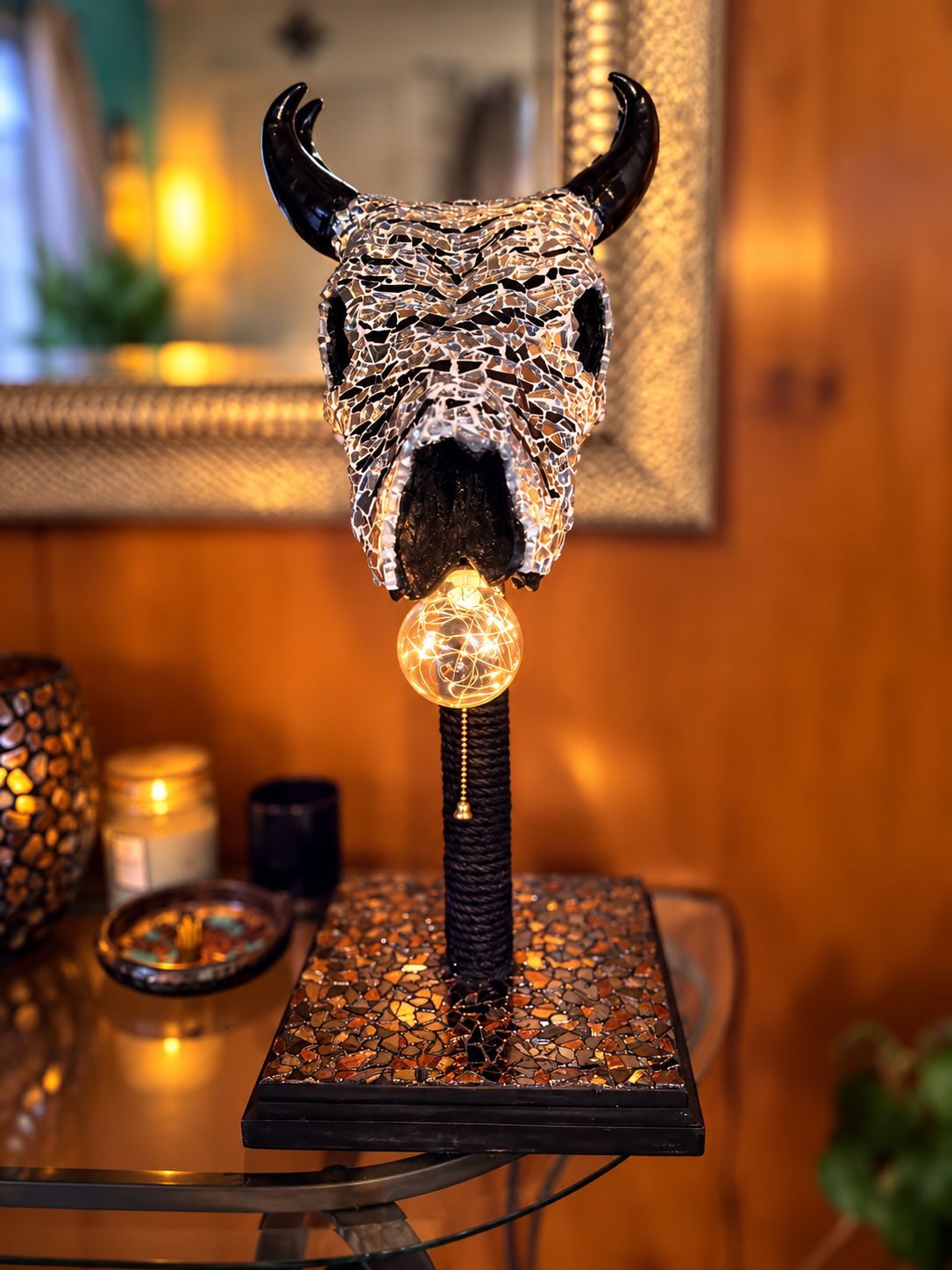 Mosaic Bull Skull Lamp