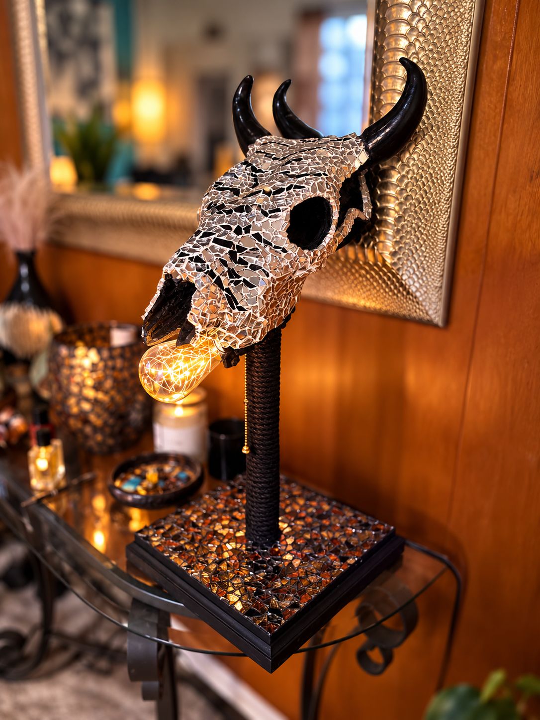 Mosaic Bull Skull Lamp