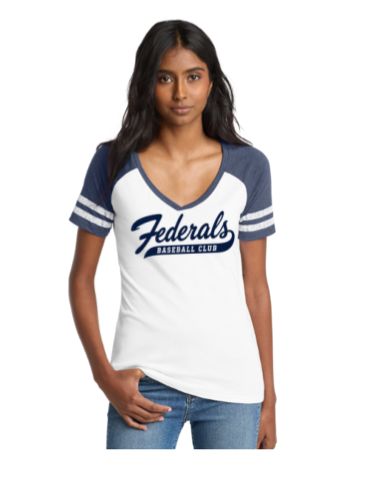 Ladies V- Neck Federals Striped Sleeve Tee