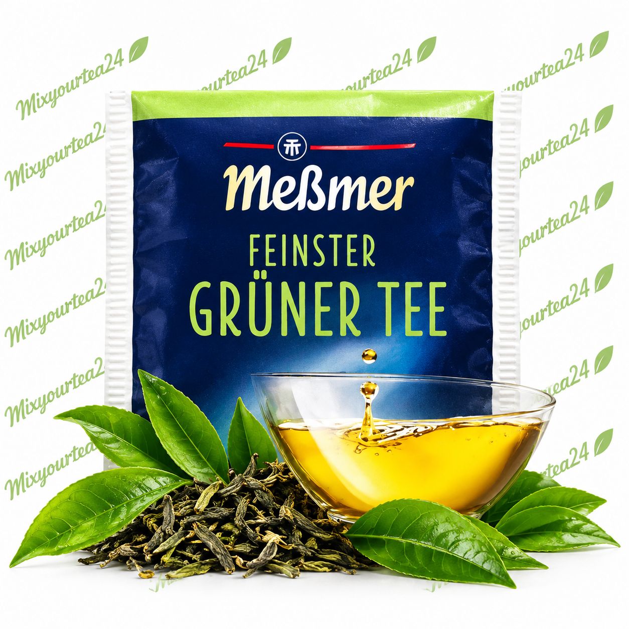 Meßmer Feinster Grüner Tee – einzeln verpackter Teebeutel 1,75 g Meßmer Feinster Grüner Tee, Teebeutel 1,75 g mit grünen Teeblättern und einer Tasse Tee – Mixyourtea24