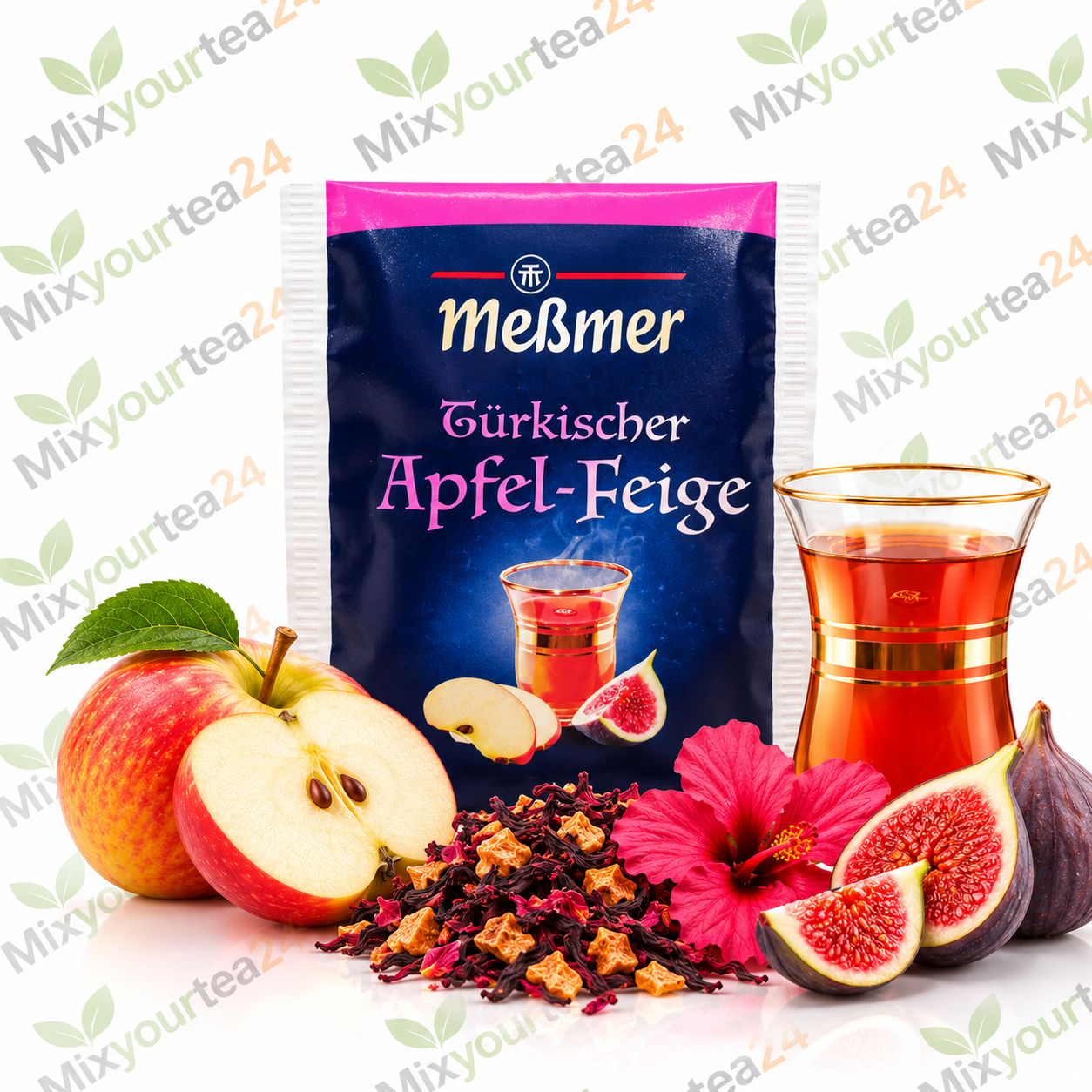 Meßmer Türkischer Apfel-Feige – Früchtetee mit Apfel-Feigen-Geschmack, einzeln verpackter Teebeutel 2,5 g Meßmer Türkischer Apfel-Feige Früchtetee mit Äpfeln, Feigen und Teeglas auf weißem Mixyourtea24-Hintergrund.