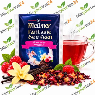 Meßmer Fantasie der Feen Himbeere-Vanille – Früchtetee einzeln kaufen | 1 Teebeutel à 2,25 g Meßmer Fantasie der Feen Himbeere-Vanille Früchtetee mit Himbeeren, Vanilleblüten und Teetasse auf Mixyourtea24-Hintergrund.