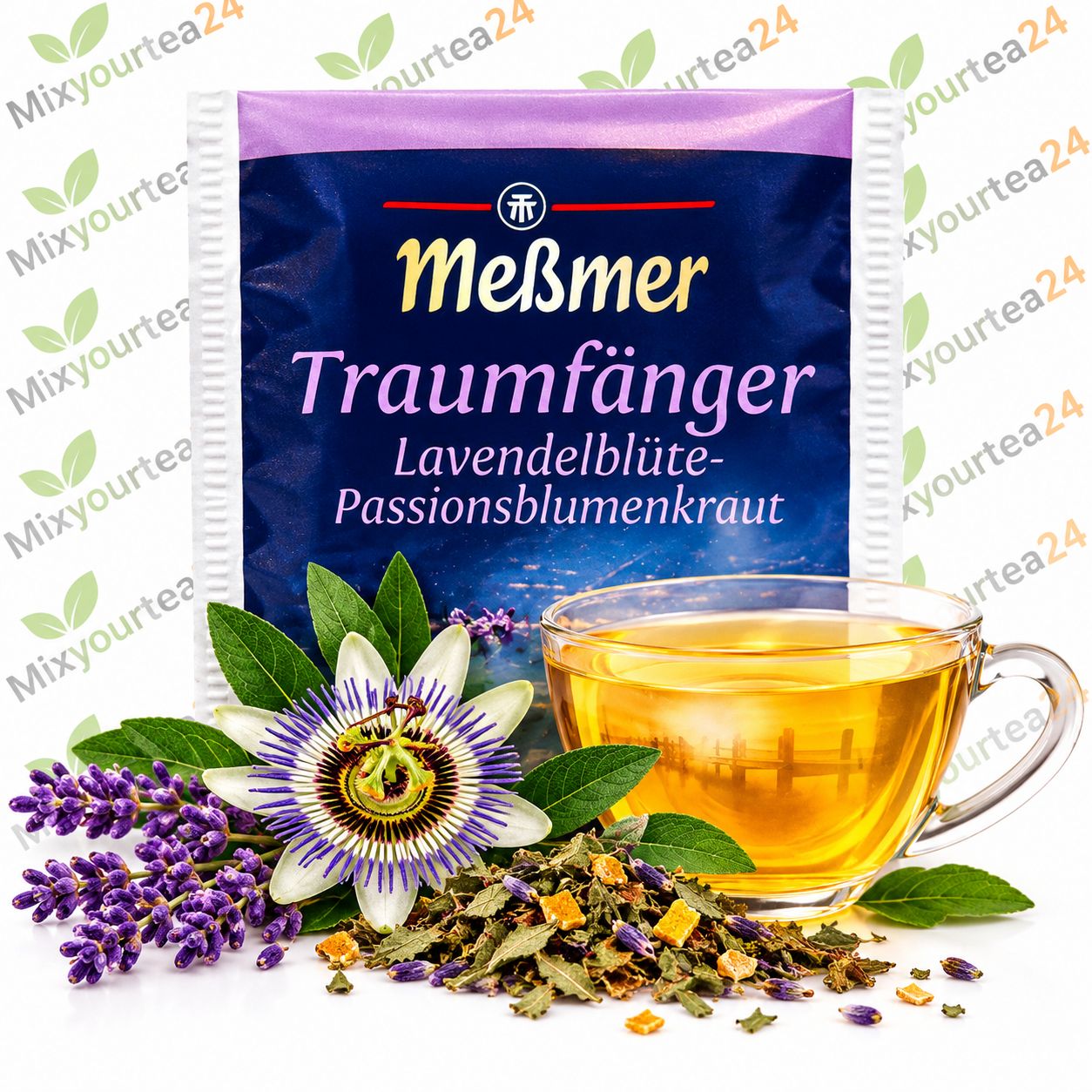 Meßmer Traumfänger Kräutertee mit Lavendelblüten und Passionsblume, goldener Teetasse und Mixyourtea24