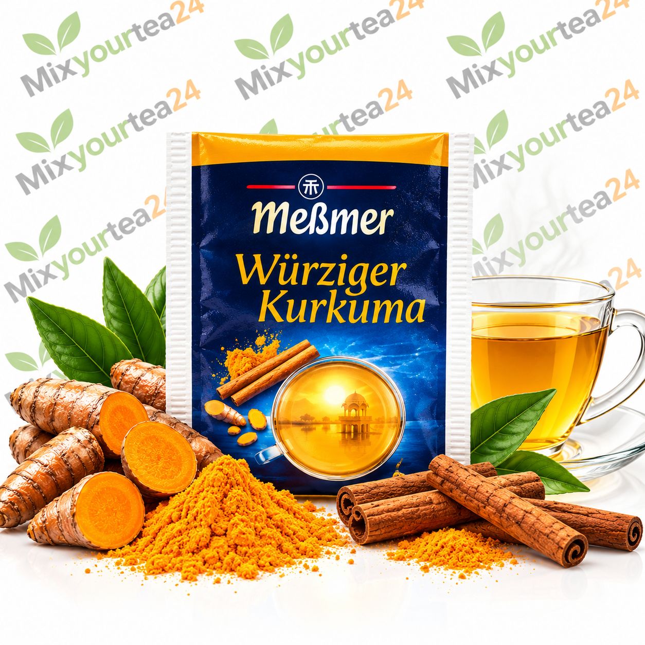 Meßmer Würziger Kurkuma – Kräutertee mit Kurkuma und Zimt – 1 Teebeutel à 2 g Meßmer Würziger Kurkuma Kräutertee im Einzelbeutel mit Kurkuma, Zimt und Teeglas vor Mixyourtea24-Schriftzug.
