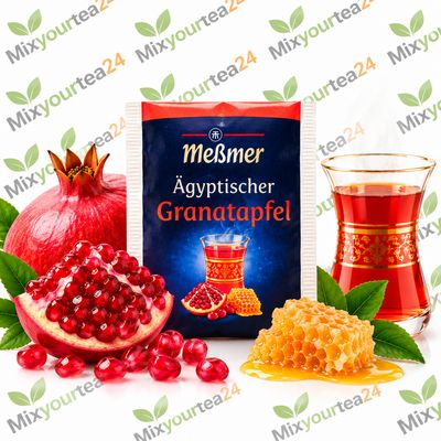 Meßmer Ägyptischer Granatapfel Früchtetee mit Granatapfel, Honig und Teeglas vor Mixyourtea24-Hintergrund.