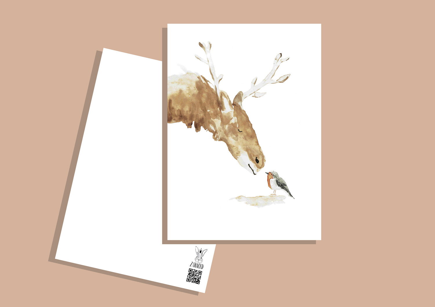 Postkarte Rentier &amp; Rotkehlchen
