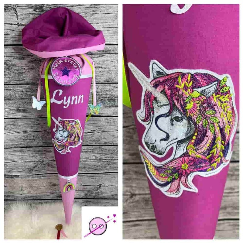 Schultüte Einhorn bunt Schultüte aus Stoff in pink mit einem Einhorn