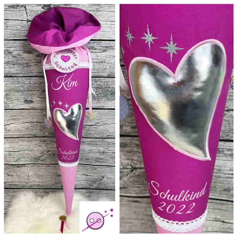 3D Schultüte Herz in silber 3D Schultüte Herz in silber aus Stoff mit Name individuell für Mädchen. Auf Pinken Stoff mit rosa.