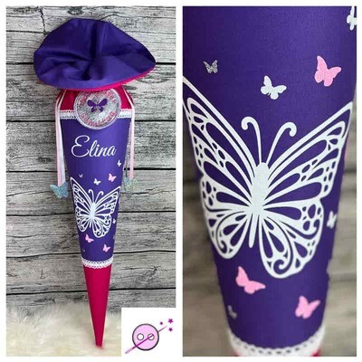 Schmetterling Schultüte mit Glitzer lila/grelles Pink