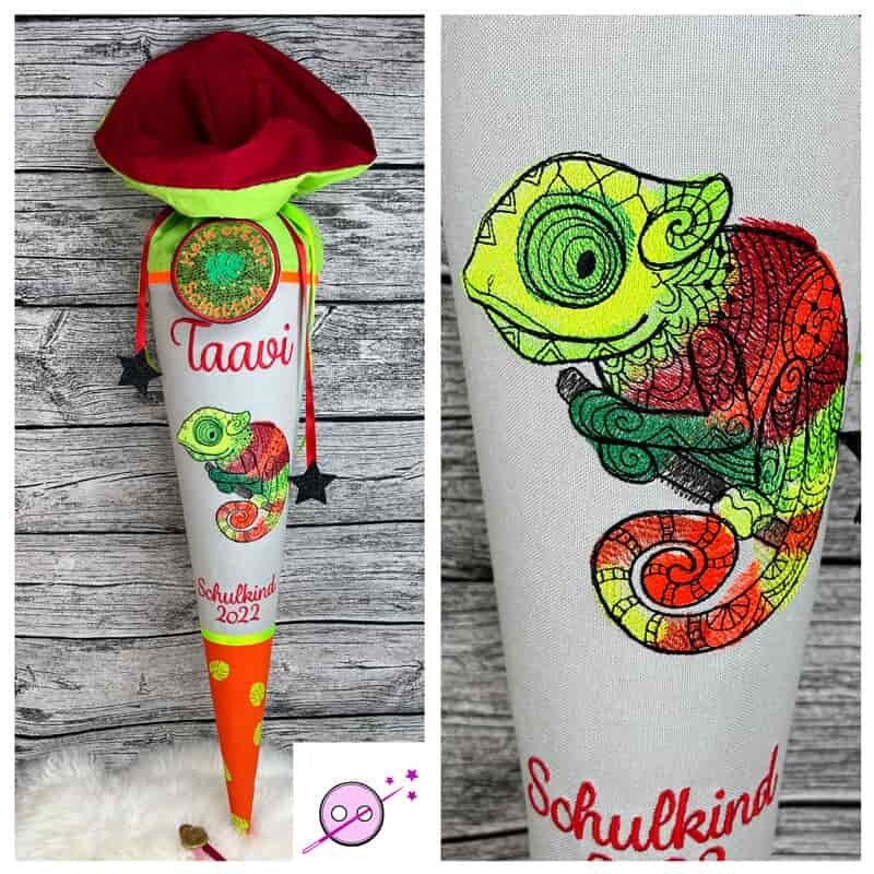 Schultüte Chamäleon Schultüte aus Stoff mit einem Chamäleon in der Mitte.