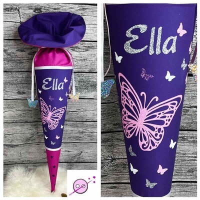 Schmetterling Schultüte mit Glitzer lila/magenta