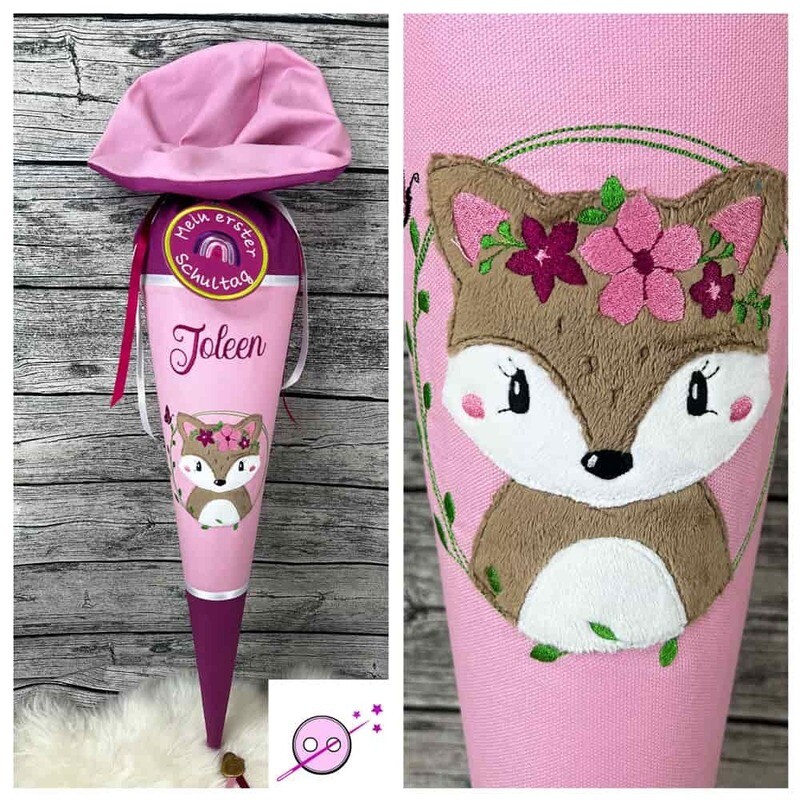 Schultüte Plüsch Fuchs Schultüte Plüsch Fuchs für Mädchen individuell mit Name. Die Schultüte wird mit einem süßen Fuchs bestickt. Der Plüsch Stoff wird dazu appliziert. Die Schultüte ist rosa und Flamingopink.
