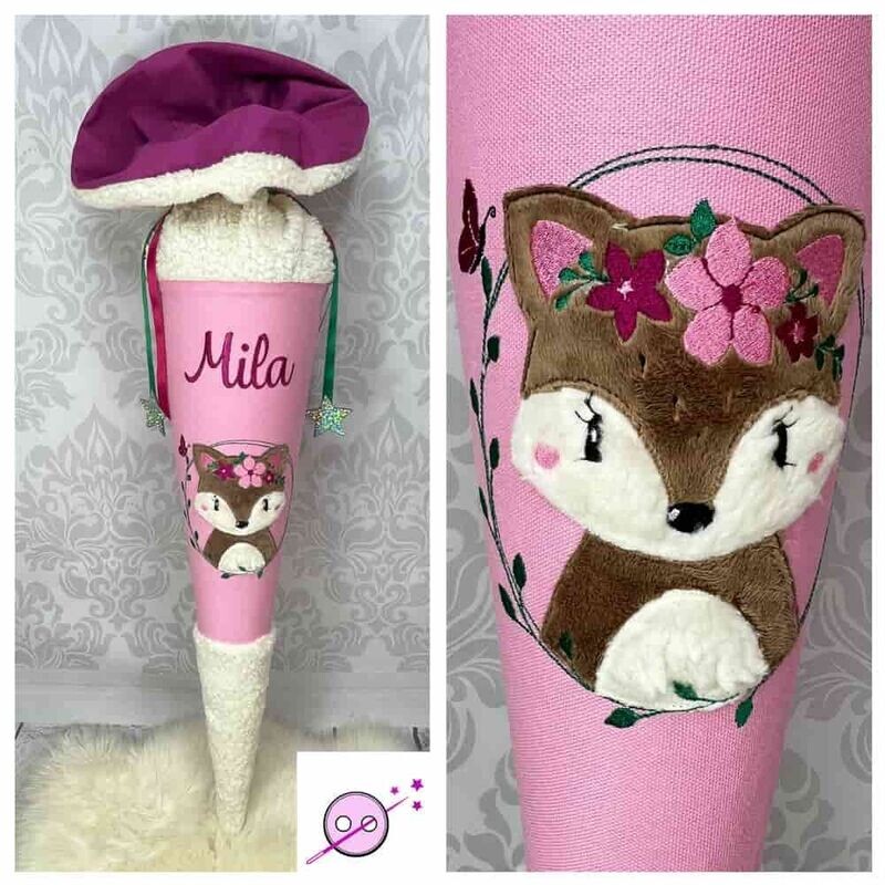 Schultüte aus Stoff mit einem bestickten Fuchs